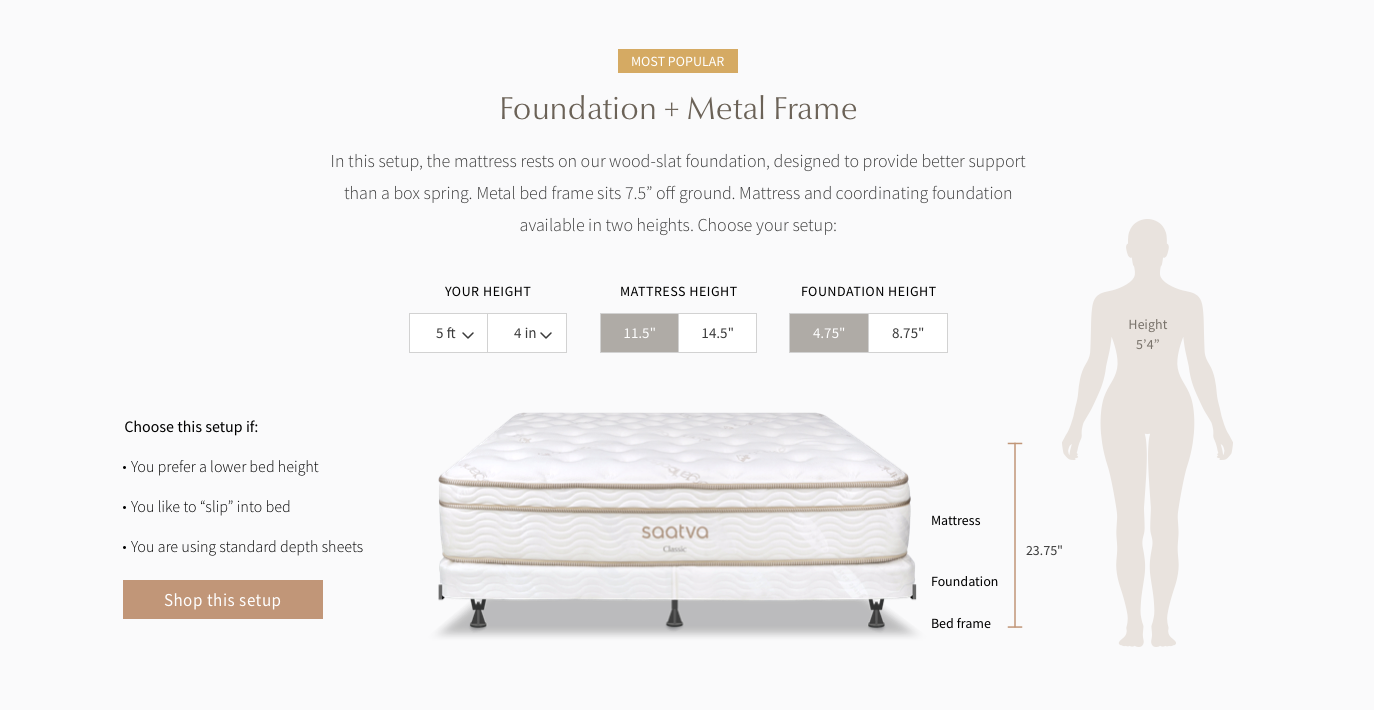 Saatva interactive mattress height tool
