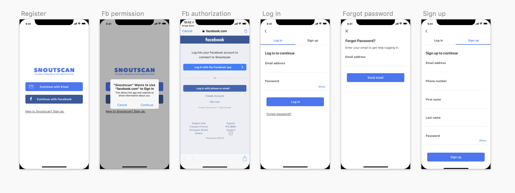 Snoutscan signup and login flow