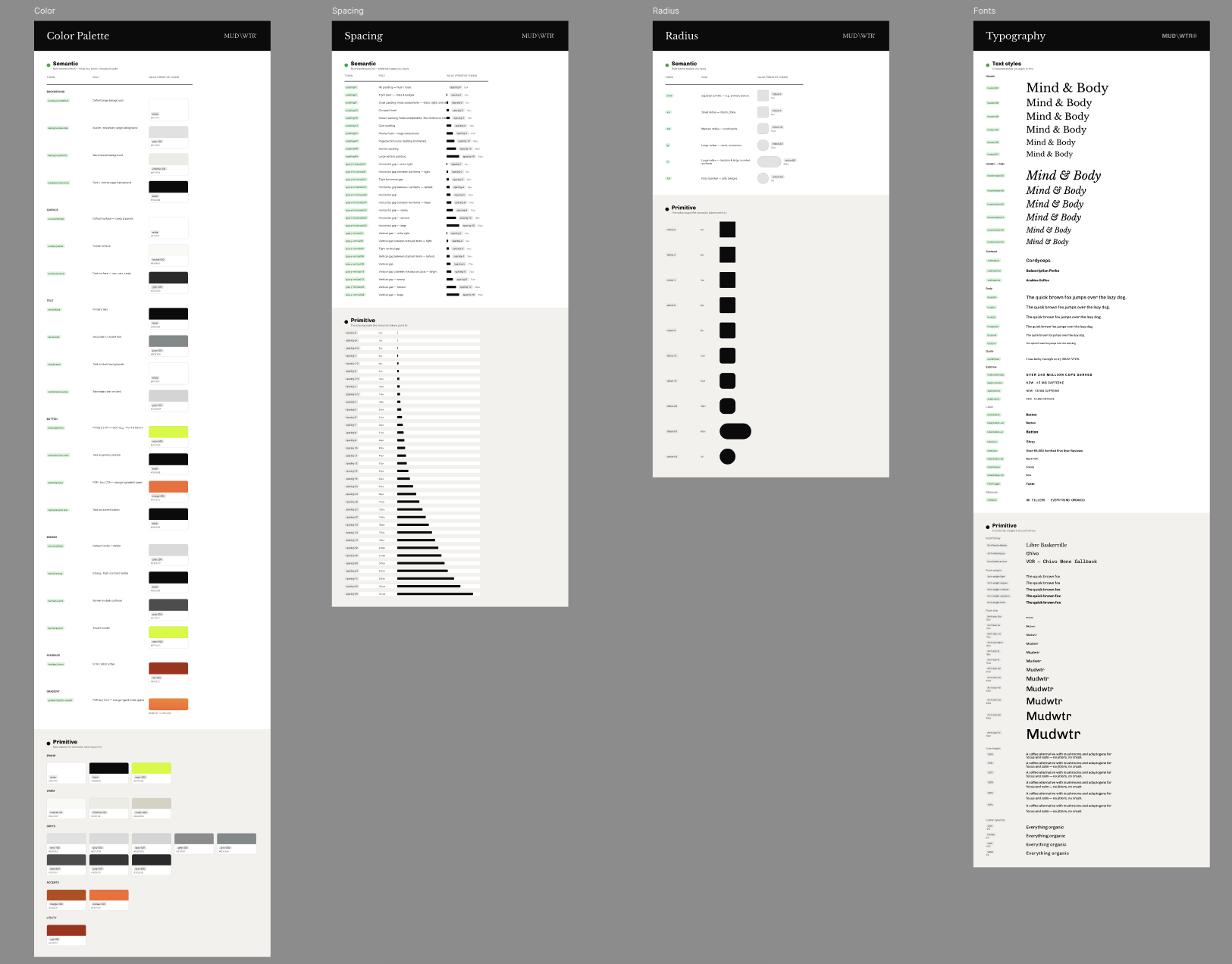 MUD/WTR design system covering color, spacing, radius and typography